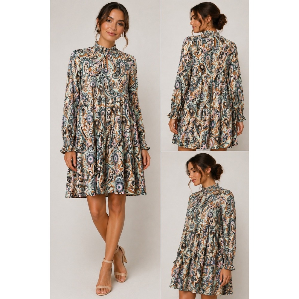 $138 Anthropologie Cady Tiered Longsleeve Mint Paisley Tunic Dress XS
